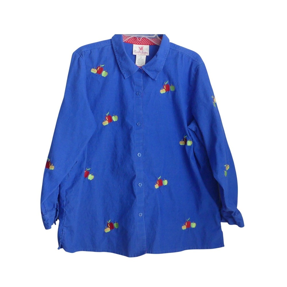 Quacker Factory Womens 1X Blue Corduroy Embroidered Apple Shirt Teacher Fall